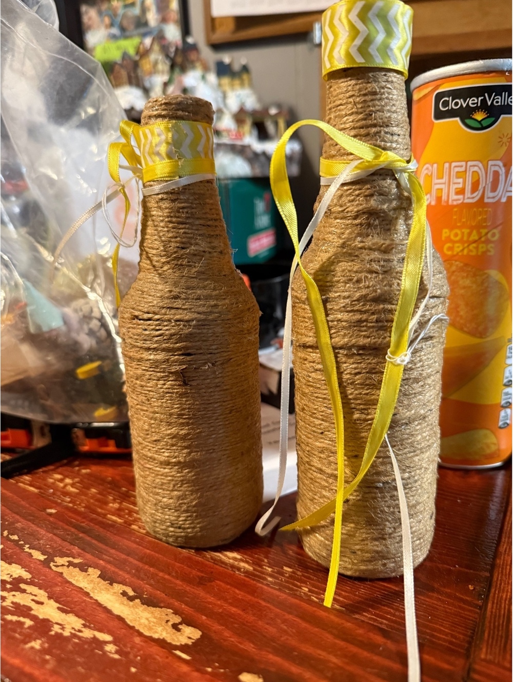 Set of 2 Decorative Bottles Wrapped in Twine with Yellow Ribbon Accents